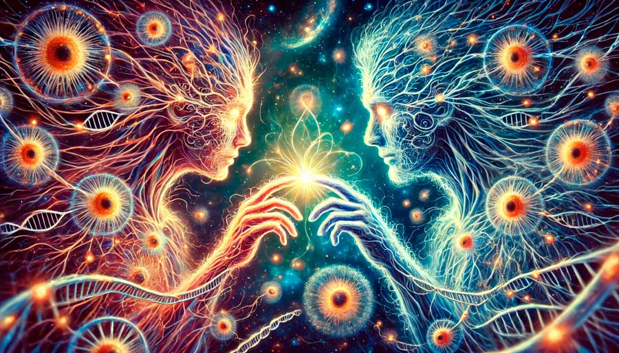 seres humanos conectados por entrelazamiento cuántico
